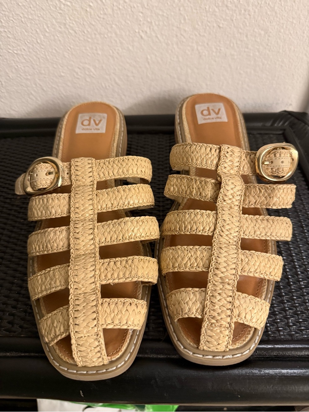 DV by Dolce Vita Tan Woven Buckle Slide Mules
